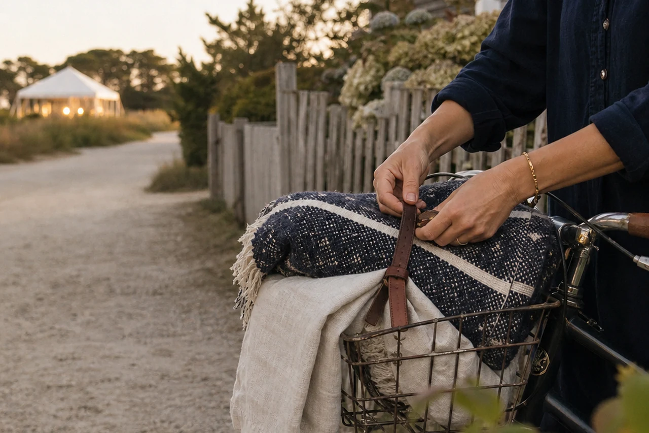An adult fastens a navy-and-ivory blanket into the basket of a sand-dusted bicycle on a gravel lane beside a cedar-shingled house, with a small white tent glowing in the distance
