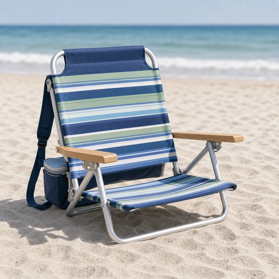 Backpack-style beach chair on the sand near the ocean