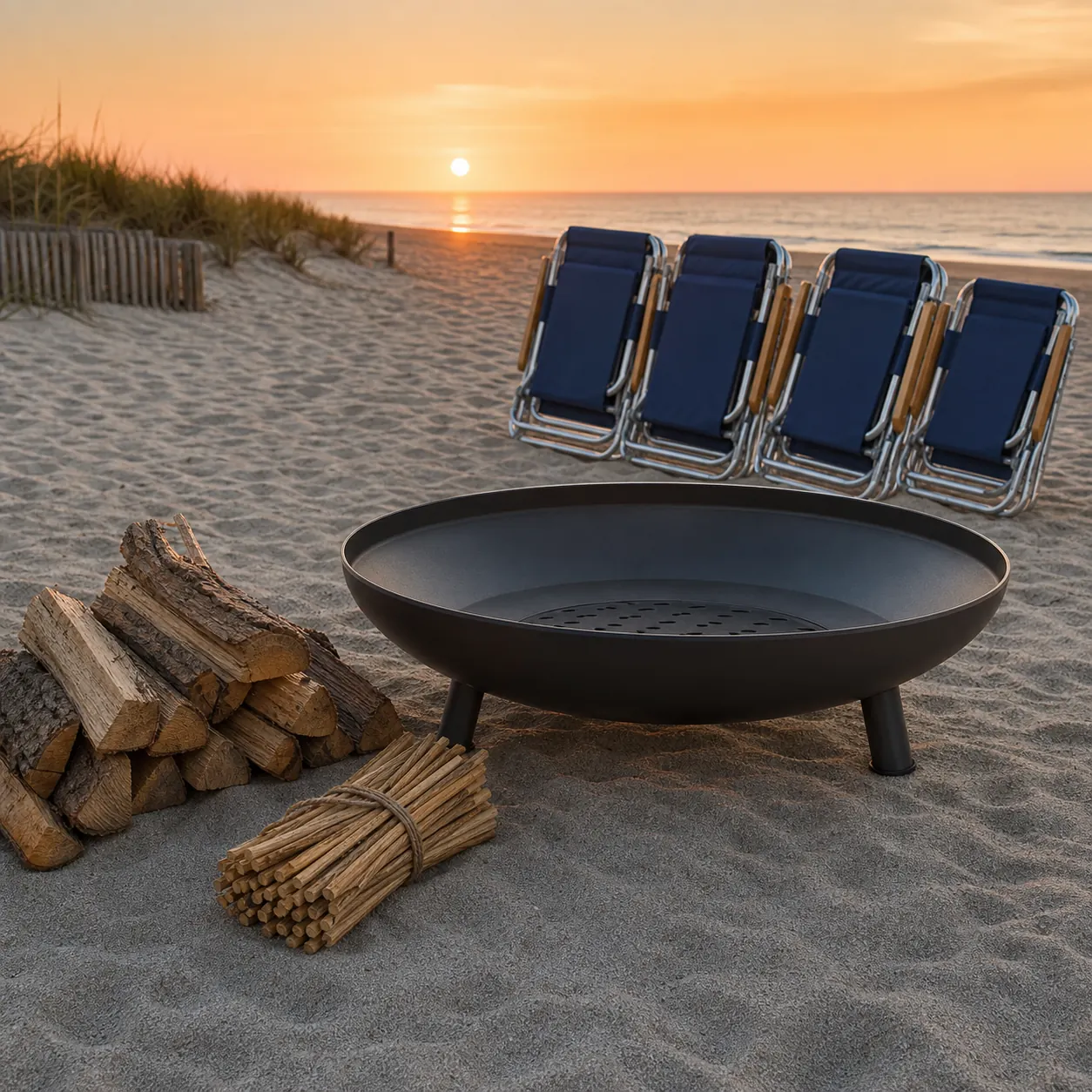 All-metal fire pit basin, split firewood, and folded beach chairs on sand at sunset
