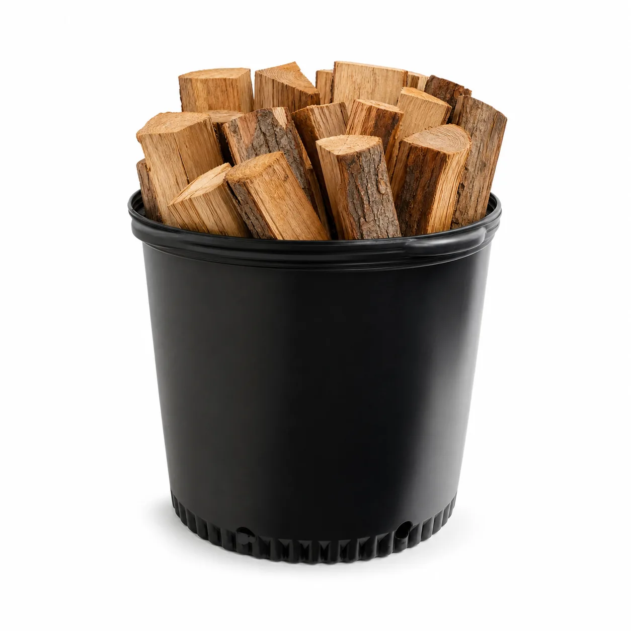 Seasoned split firewood arranged upright in a portable black tub