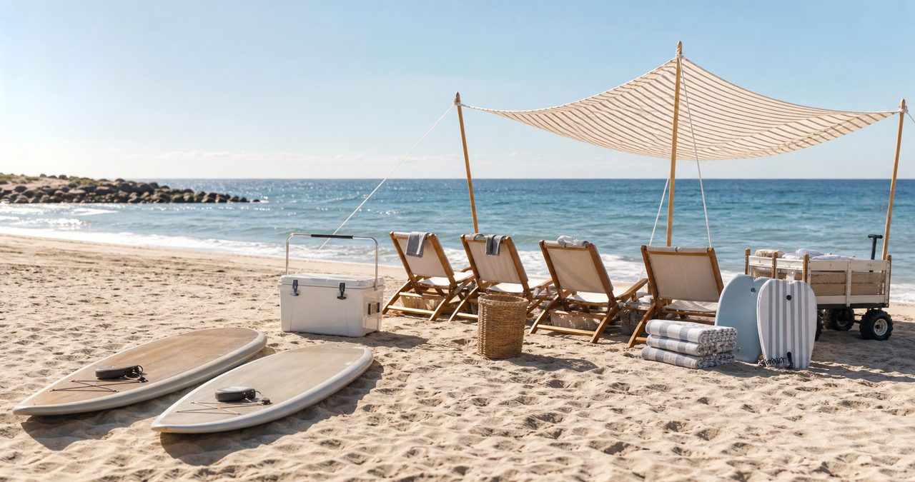 Premium beach setup with chairs, shade, cooler, paddle boards, wagon, and towels on the sand