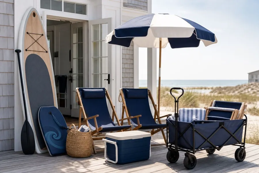 Beach chairs, umbrella, cooler, wagon, paddle board, and boogie board ready outside a Hamptons beach house