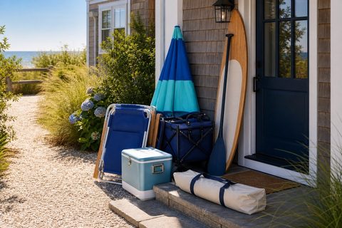 Beach rental gear neatly delivered at the front door of a Hamptons house