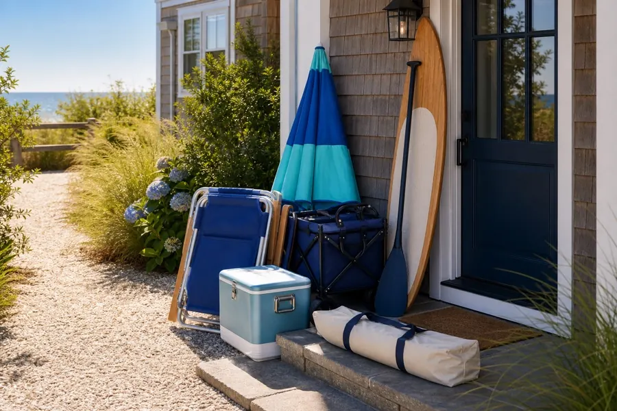 Beach chairs, cooler, wagon, umbrella, and paddle board delivered outside a Hamptons house