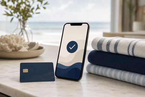 Phone payment confirmation beside a card and folded beach towels