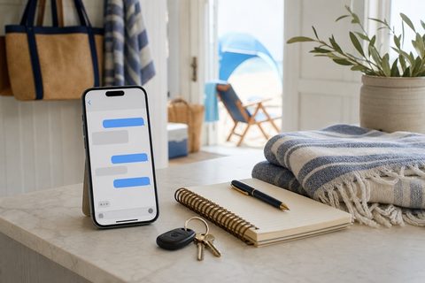 Phone with message bubbles beside beach house notes for confirming a rental order